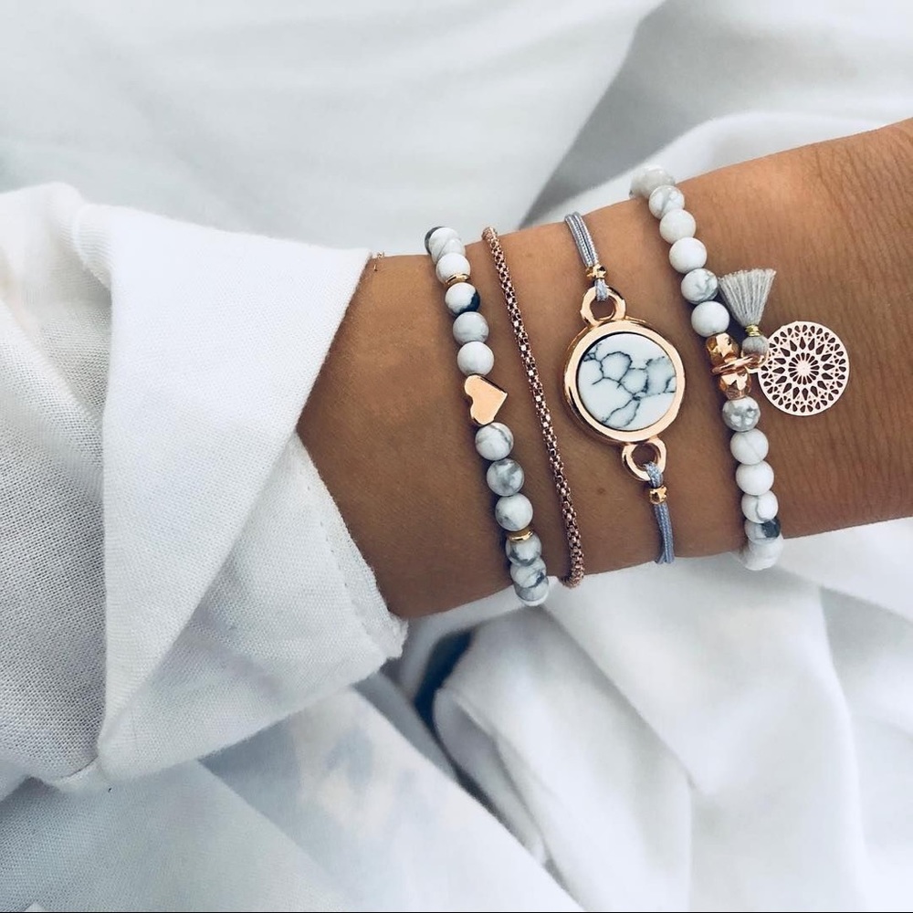 4pcs/Set Bohemian Stone beads chains bracelets Set For Women Metal Heart